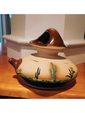 Vtg Betty Selby Pottery Southwestern Pitcher Ewer Pot w/Cactus Desert Design